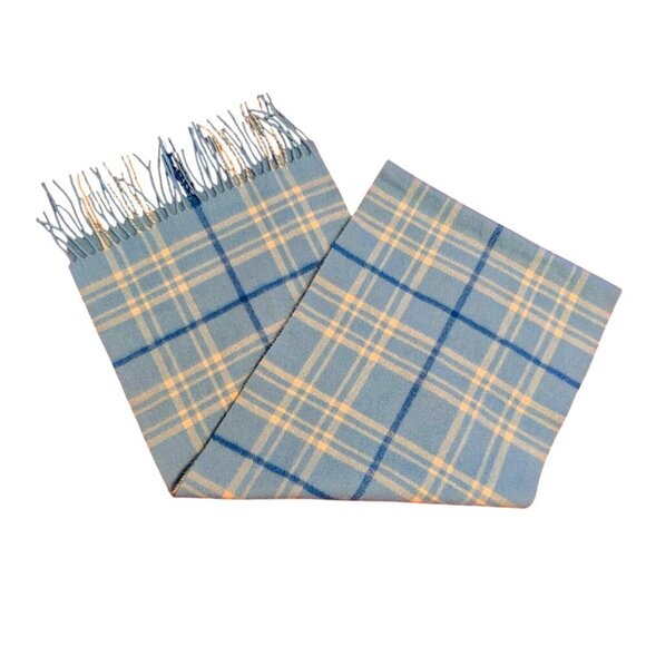 100% Cashmere Scarf Charter Club Preppy Plaid Windowpane Shawl Wrap Blue White - Picture 2 of 4